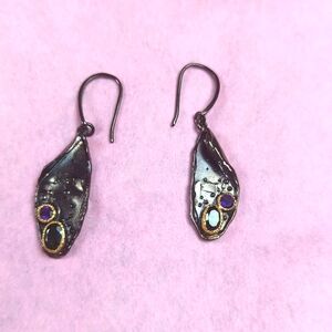 Abstract Metal Drop Earrings with Gemstone Accents